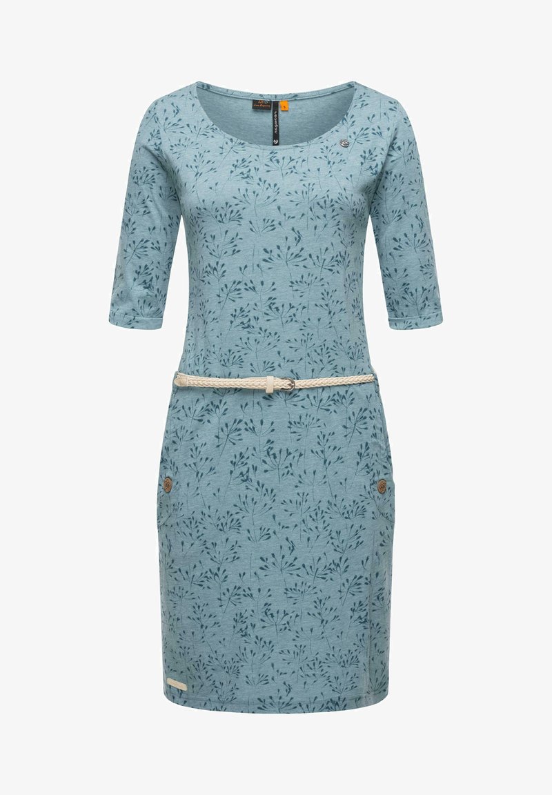 Light blue dress with short sleeves, circular neckline, floral print, fitted shape, beige rope belt, and decorative buttons on the side.