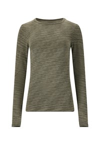 Langarmshirt in olivgrün, aus strukturiertem Stoff mit einem subtilen Melange-Muster. Rundhalsausschnitt und figurbetonter Schnitt.
