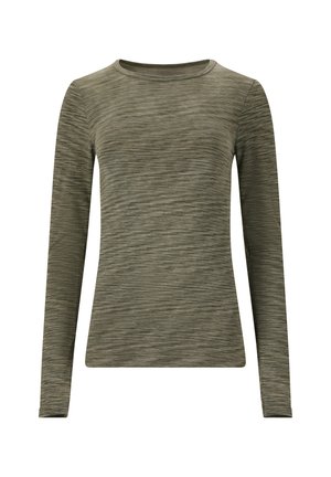 Long-sleeve shirt in olive green, made of textured fabric with a subtle heather pattern. Round neckline and fitted design.