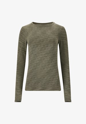Long-sleeve shirt in olive green, made of textured fabric with a subtle heather pattern. Round neckline and fitted design.