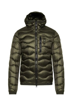 Doudoune verte olive avec un design matelassé, fermeture éclair à l'avant, capuche ajustable et deux poches zippées sur la poitrine. Finition en tissu texturé.