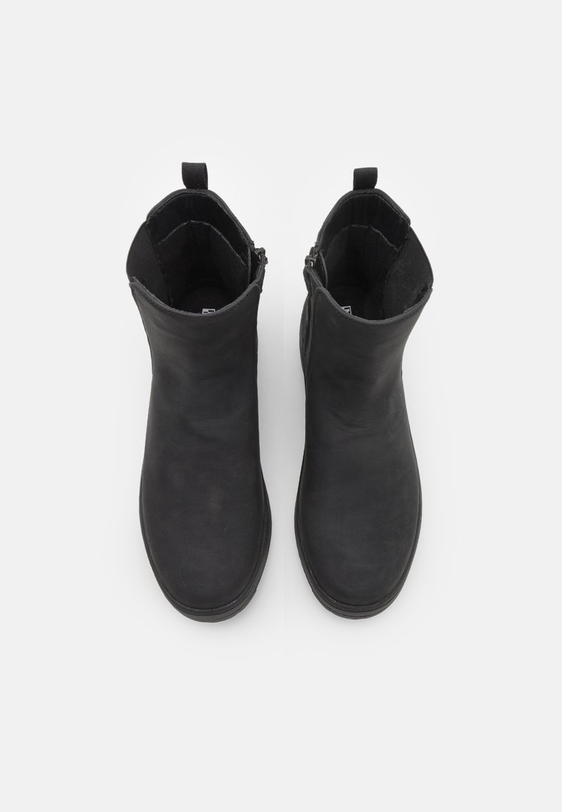 Un paio di stivaletti neri alla caviglia con cerniere laterali e linguette di estrazione, visti dall'alto su uno sfondo bianco.