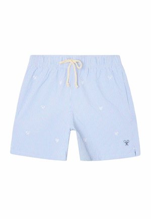 Bañador corto a rayas blancas y azul claro con cintura elástica, cordón beige y pequeño patrón bordado de tijeras.