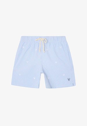Bañador corto a rayas blancas y azul claro con cintura elástica, cordón beige y pequeño patrón bordado de tijeras.