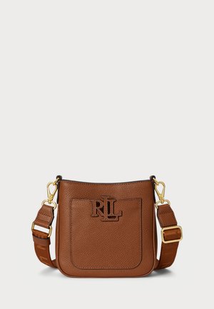 Brown leather crossbody bag with embossed "RL" logo. Features a textured surface, gold hardware, and an adjustable strap.