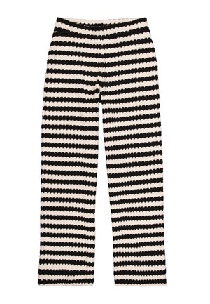 Black and white striped pants with a textured fabric, featuring horizontal stripes of equal width. Wide-leg design with an elastic waistband.