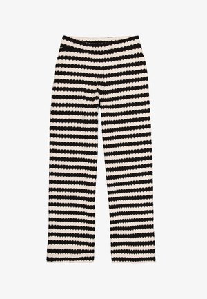 Black and white striped pants with a textured fabric, featuring horizontal stripes of equal width. Wide-leg design with an elastic waistband.