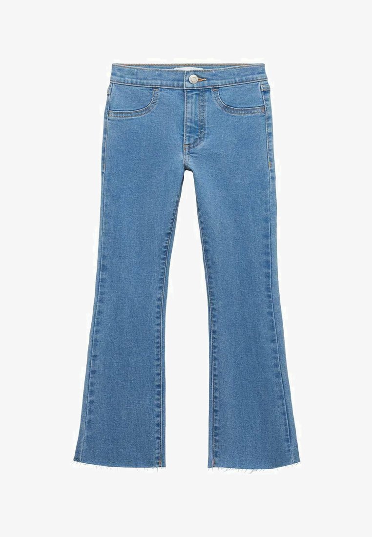 Modre zvonaste jeans hlače iz denima z običajnim pasom, sprednjimi žepi in raztrganim robom. Zaključene z gumbom in zadrgo.