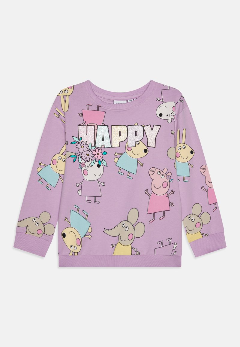 Sweatshirt roxo de mangas compridas com personagens de desenhos animados, a palavra "HAPPY" em letras brilhantes e vários padrões divertidos por todo o tecido.