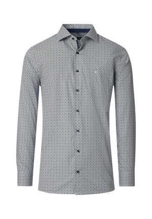 Langärmliges Hemd mit Knopfleiste in einem geometrischen Blau-weiß-Muster. Aus leichtem Stoff gefertigt, mit klassischen Kragen und einer Brusttasche.