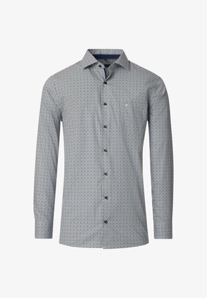 Koszula z długim rękawem z guzikami w geometryczny wzór w niebiesko-białe pasy. Wykonana z lekkiego materiału, z klasycznym kołnierzykiem i przednią kieszenią.