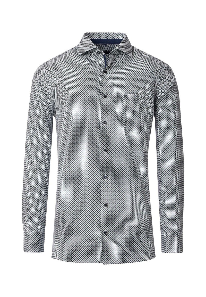 Langarm overhemd met een geometrisch blauw-wit patroon. Gemaakt van lichte stof, met een klassieke kraag en een borstzak.