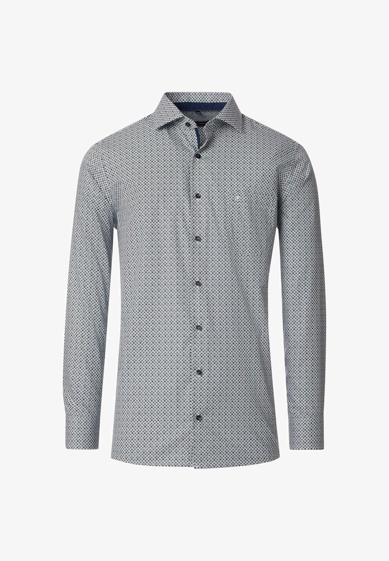 Langarm overhemd met een geometrisch blauw-wit patroon. Gemaakt van lichte stof, met een klassieke kraag en een borstzak.