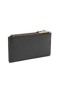 Czarny portfel ze skóry o fakturowanej powierzchni, wyposażony w złoty zamek błyskawiczny i prostokątny kształt dla bezpiecznego przechowywania.