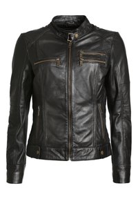 Černá kožená bunda s vysokým límcem, zapínáním na zip, třemi kapsami na hrudi a po stranách a prošívanými detaily na ramenou.