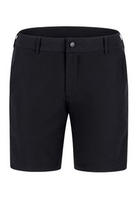 Schwarze Shorts aus glattem Stoff, mit Reißverschluss, Knopfverschluss und zwei Seitentaschen. Schlichtes Design ohne sichtbare Muster.