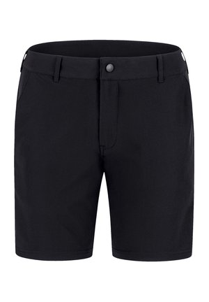 Zwarte shorts van glad stof, met een rits en knoopsluiting, en twee zijzakken. Eenvoudig ontwerp zonder zichtbare patronen.