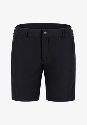 Zwarte shorts van glad stof, met een rits en knoopsluiting, en twee zijzakken. Eenvoudig ontwerp zonder zichtbare patronen.