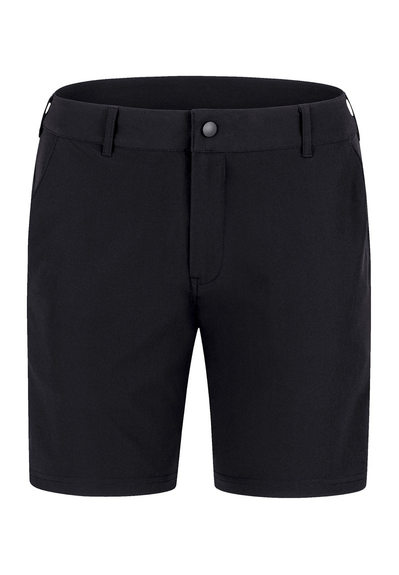 Schwarze Shorts aus glattem Stoff, mit Reißverschluss, Knopfverschluss und zwei Seitentaschen. Schlichtes Design ohne sichtbare Muster.
