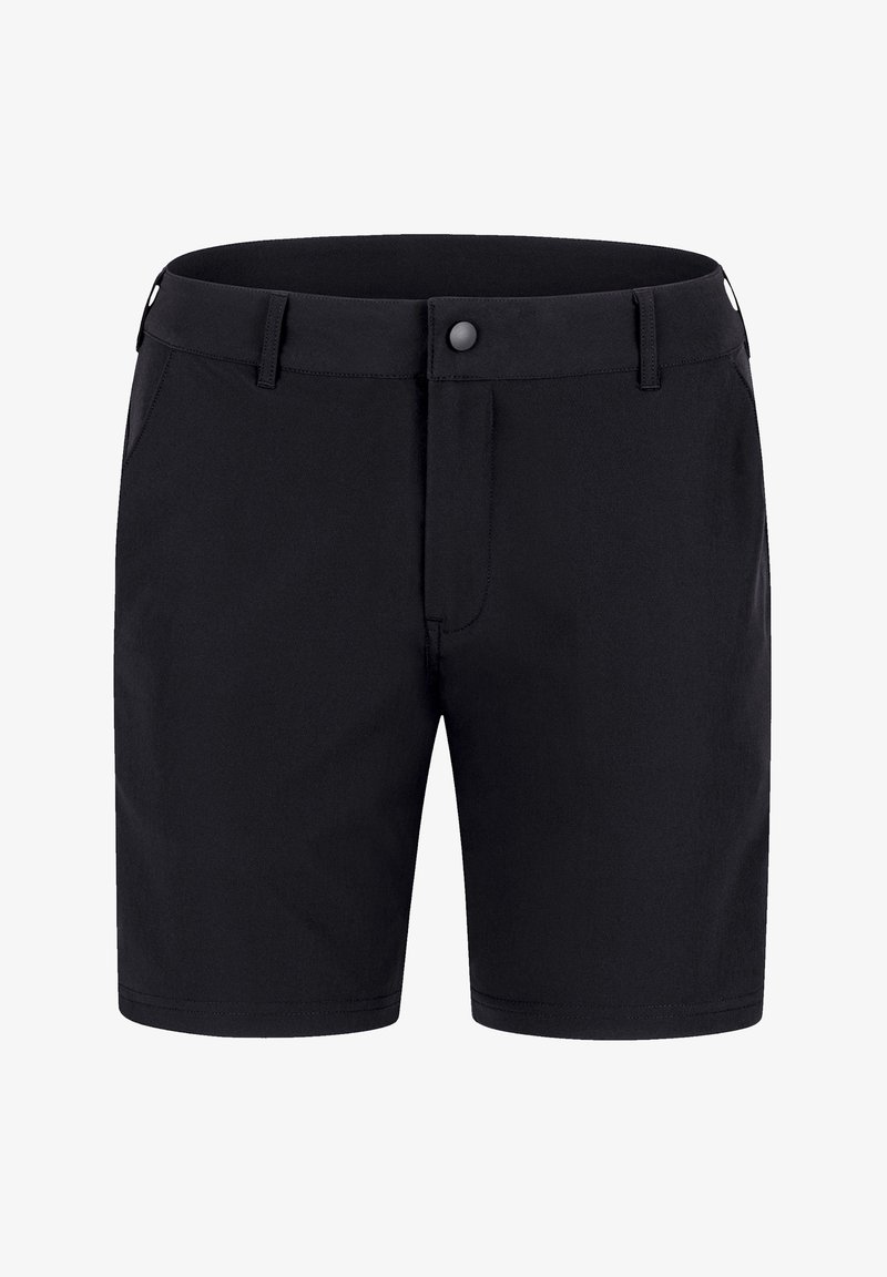 Schwarze Shorts aus glattem Stoff, mit Reißverschluss, Knopfverschluss und zwei Seitentaschen. Schlichtes Design ohne sichtbare Muster.