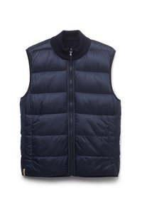 Mörkblå puffväst med ärmlös design, frontdragkedja, ribbad krage och horisontella kviltade sektioner. Har sidofickor och en mjuk textur.