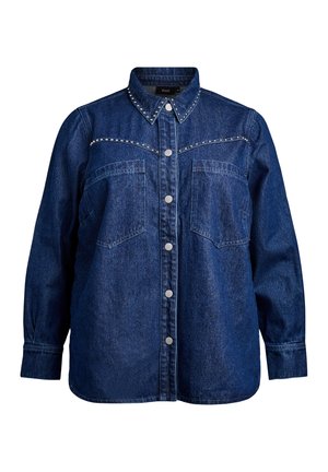 Tmavě modrá džínová košile s stříbrným detailem na ramenních švech, dvěma předními kapsami a patkovými knoflíky. Neformální design s dlouhým rukávem.