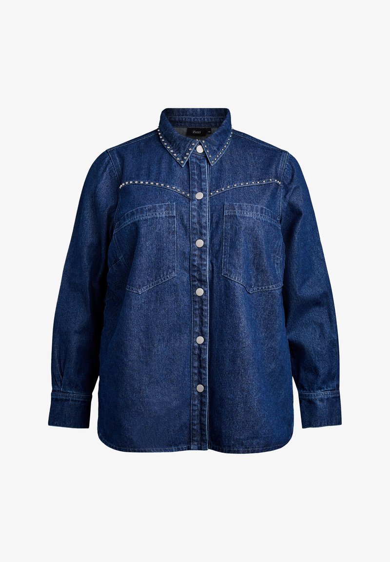 Dark blue denim shirt featuring silver stud detailing along the yoke, two front pockets, and snap buttons. Casual, long-sleeved design.