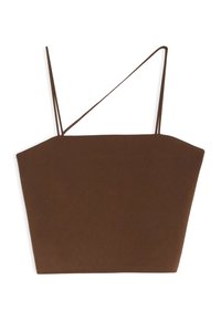 Top corto marrone con un design strutturato e taglio quadrato. Presenta spalline sottili e una texture liscia e morbida.
