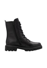 Bota de tobillo de cuero negro con punta redondeada, parte delantera con cordones y cremallera lateral. Presenta una suela rugosa y texturizada y un diseño minimalista.