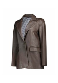 Blazer en cuir marron avec un col en notch, fermeture à un bouton, et deux poches avant. L'intérieur présente une doublure rayée.