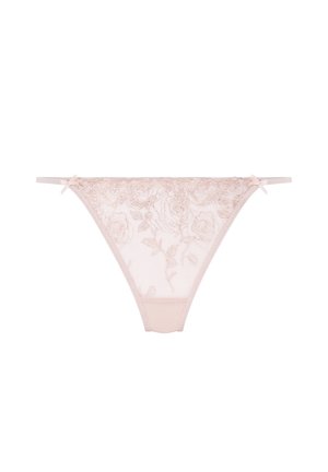 Perizoma in pizzo color rosa pallido con ricami floreali e accenti luccicanti. Presenta fiocchi laterali regolabili e un pannello posteriore solido.