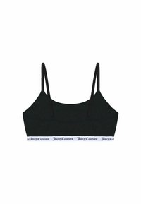 Čierny bralet s nastaviteľnými popruhmi, ktorý má biely elastický pás s nápisom "Juicy Couture" v čiernom písmene. Hladký textilný povrch.