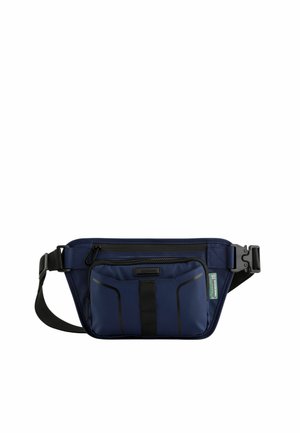 Navy blue hip bag made of durable fabric, featuring a front zip pocket, adjustable strap, and contrasting black accents for design detail.