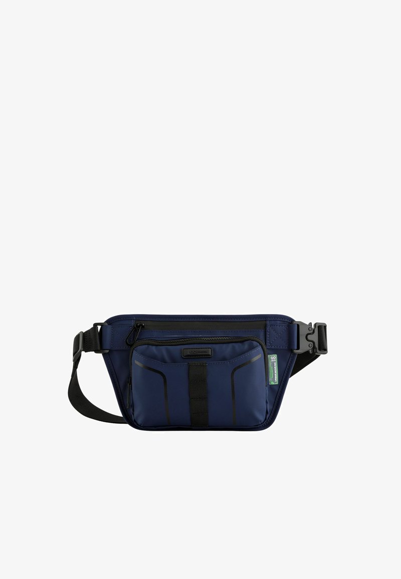 Meripime sininen vyölaukku, joka on valmistettu kestävästä kankaasta. Laukussa on etupuolella vetoketjutasku, säädettävä olkahihna ja mustia yksityiskohtia muotoilussa.