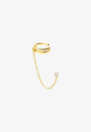 Gold ear cuff with a chain, featuring a straight bar adorned with clear rhinestones and a small diamond accent at the end.
