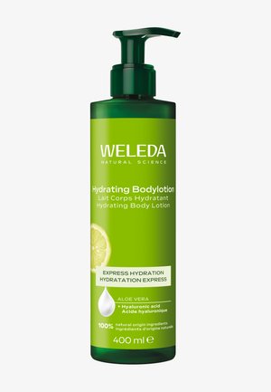 Weleda återfuktande kroppslotion i en grön plastpumpflaska, har vit text, aloe vera och citronskiva grafik; 400 ml.
