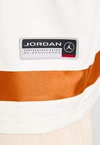 JORDAN brand label with Jumpman logo on white fabric above a horizontal burnt orange stripe on clothing.