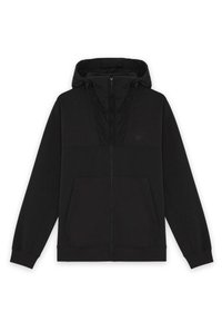 Zwarte hoodie met een duale textuurdesign, met een glad bovenste deel en een brei onderdeel, ritssluiting en twee voorkruiden.