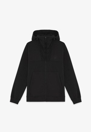 Svart huva sweatshirt med en design av två texturer, med en slät överdel och en stickad underdel, dragkedjestängning och två framfickor.