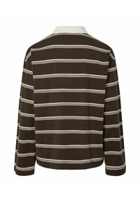 Bruine lange mouwen shirt met witte horizontale strepen, een witte kraag en een relaxte fit met een afgeronde zoom.