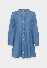 Denim dress with long sleeves, button-down front, and drawstring waist. Light blue color, smooth texture, and gathered cuffs.