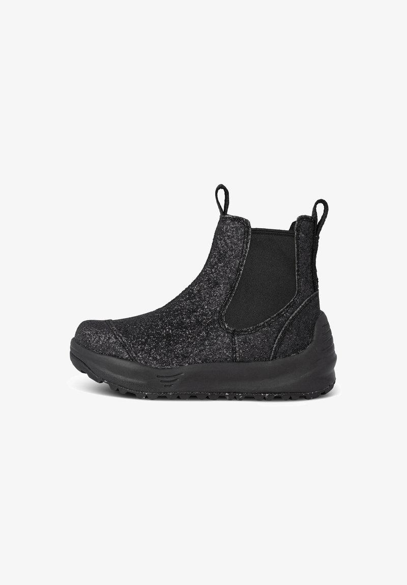 Black ankle boots with a textured knit fabric upper, elastic side panels, and a rubber sole for grip. Features pull tabs for easy wear.