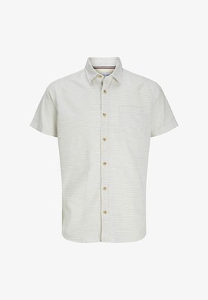 Camicia a maniche corte con bottoni di colore crema chiaro, con un sottile motivo geometrico, dotata di taschino sul petto e bottoni beige. Tessuto morbido.