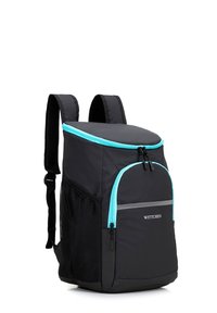 Plecak z czarnego materiału z turkusowymi akcentami, posiadający zamek błyskawiczny na górze, kieszeń z przodu oraz siateczkowe boczne kieszenie na przechowywanie.