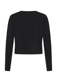 Schwarzer Pullover mit langen Ärmeln, rundem Ausschnitt, verkürztem Design und glatter Textur. Verfügt über minimale Nähte und ein einfarbiges Muster.