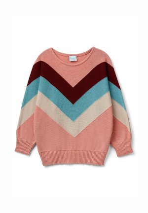 Różowy sweter z długim rękawem z wzorem w jodełkę w kolorach burgundu, jasnoniebieskiego, kremowego i delikatnego różu. Ściągacze na mankietach i dole. Przytulna dzianina.