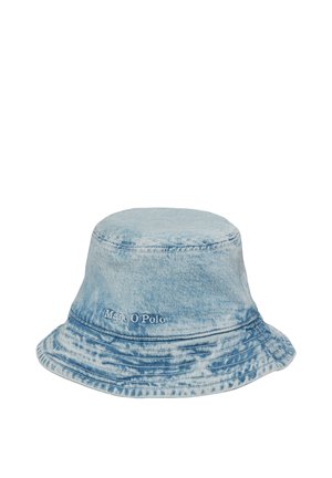Blue denim bucket hat with stitched detail, a soft texture, and a logo embroidered on the side. Wide, downward-sloping brim.