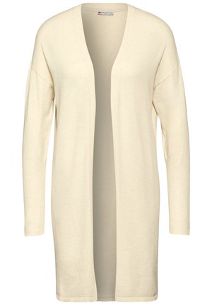 Crèmekleurige cardigan gemaakt van zachte stof, met lange mouwen, een open voorkant en een ontspannen pasvorm zonder sluitingen.