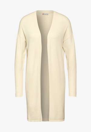 Crèmekleurige cardigan gemaakt van zachte stof, met lange mouwen, een open voorkant en een ontspannen pasvorm zonder sluitingen.