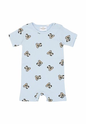 Világoskék, bordázott rövid ujjú overál játékos medve mintával. Patentos záródással a könnyű fel- és levételért. Puha, kényelmes anyagból.